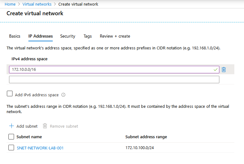 Création d'un virtual network 