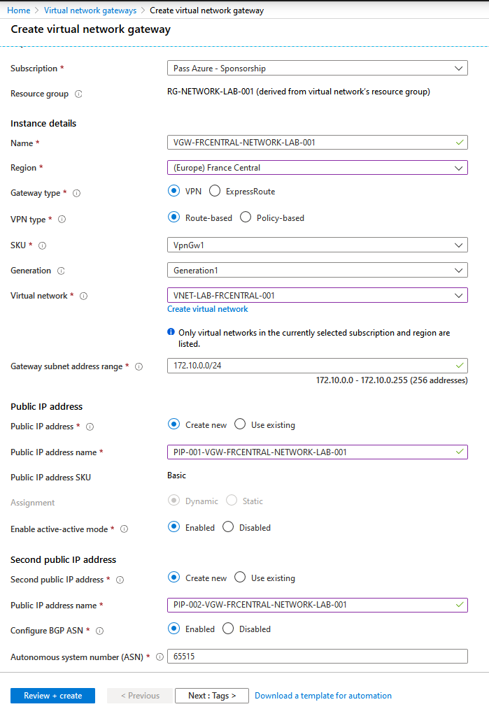 Création virtual network gateway