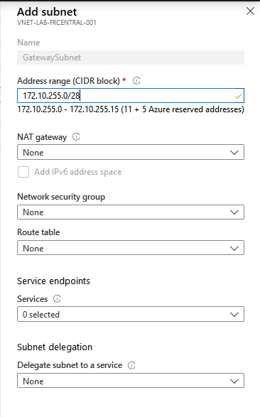 Création GatewaySubnet