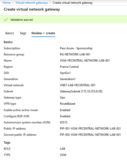 Création virtual network gateway