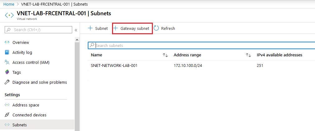 Création GatewaySubnet