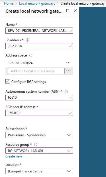 Création local network gateway