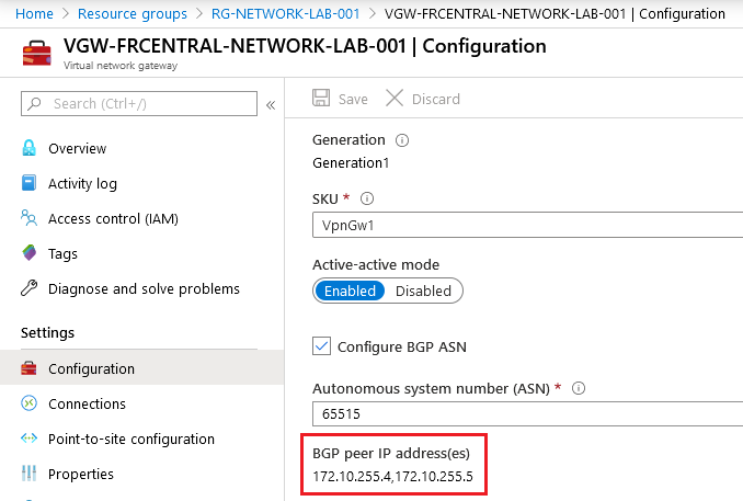 Affichage configuration BGP sur Azure